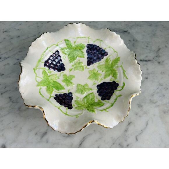 Majolica Ceramic Hand Painted Candy Dish Bowl Grape Design Gold Trim Signed JLM - Picture 16 of 16